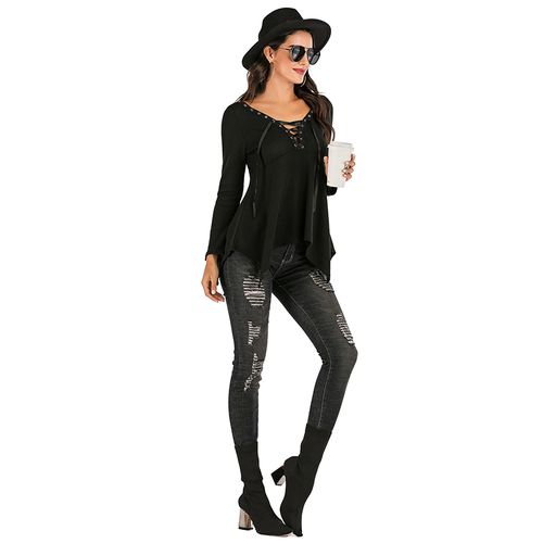 Sexy V-neck Casual  Spring Slim Tie Irregular Top Women T Shirts