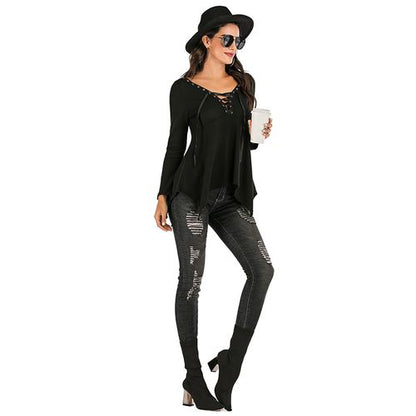 Sexy V-neck Casual  Spring Slim Tie Irregular Top Women T Shirts