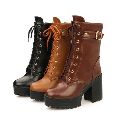 Women Lace Up Buckle High Heel Short Motorcycle Boots