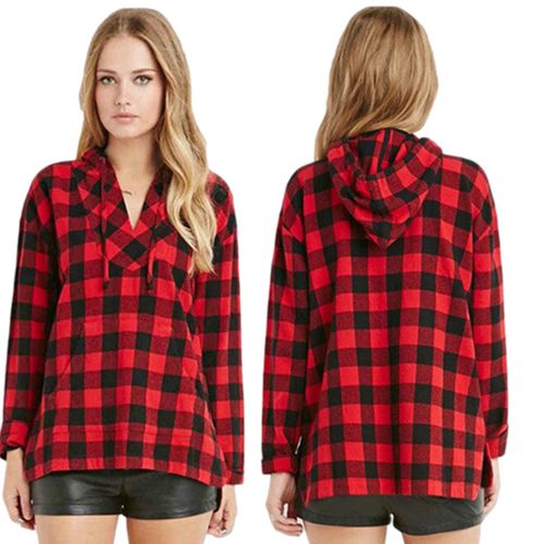 Plaid Hood Spring Slim Draw Rope Casual Women Blouses