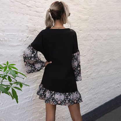 Tinted Printed Chiffon Spring Summer Loose Vskirt Collar Women Dresses