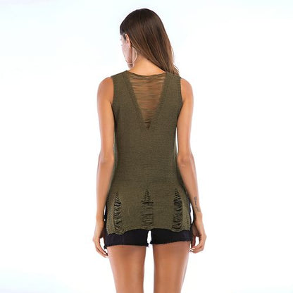 V Neck Hollow Out Mid Leanth Solid Color Women Sling Tank Top