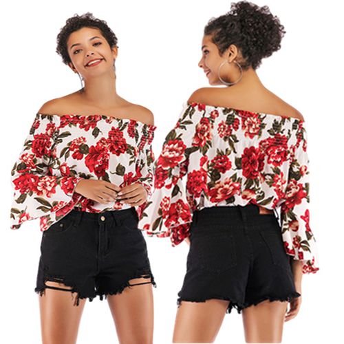 Sexy Strapless Printed   Women Chiffon Shirt Blouses