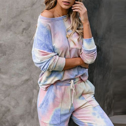 Womens Gradient Pajamas Tie-dye Long-sleeved Pullover Tops Trousers Home Two-piece Suit