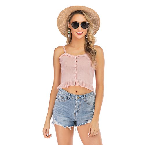 Sweet Pleated Ruffle Sleeveless Short Halter Women Top Tank