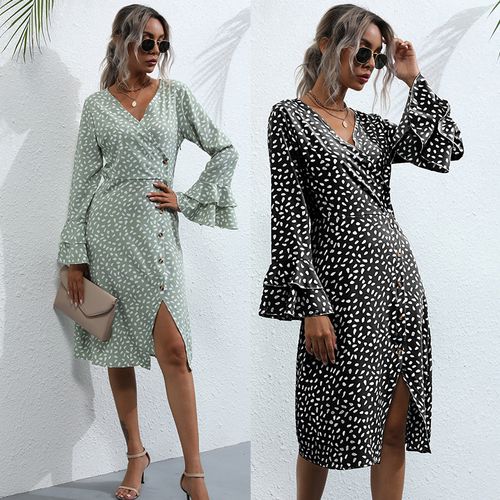 Women Lotus Leaf Sleeve Printed Long Sleeved Chiffon Dress