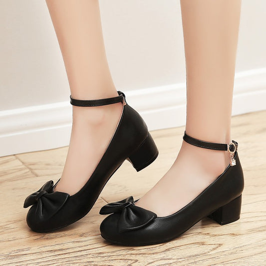 Women Pumps Ankle Straps Medium Heel Bowtie Patent Leather Shoes Woman 3535