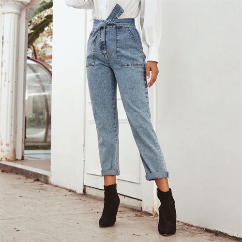 Denim Snowflake Belt Long High Waist Cropped Casual Long Women Jeans