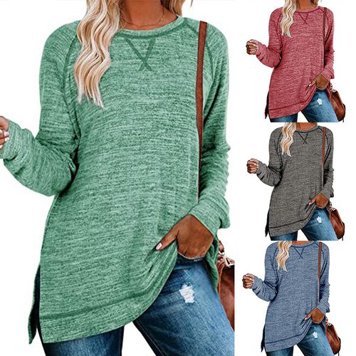 Womens Solid Color Round Neck Pullover Long Sleeved Top