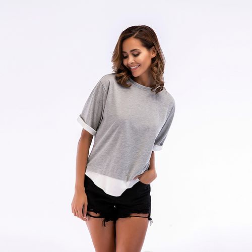 Plus Size Crew Neck Stitched Loose Casual Hem Short Sleeve Women T Shirts