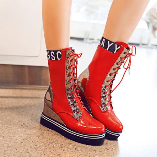 Women Platform Wedges Lace Up Mid Calf Boots