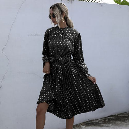 Women Lotus Leaf Sleeve Polka-dot Long Sleeved Dress