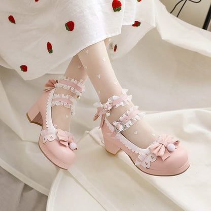 Women Lace Buckle Chunky Heel Pumps Mary Janes Shoes with Bowtie