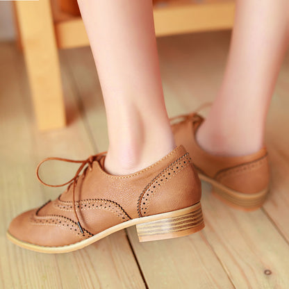 Women's Lace Up Retro Round Head Low Heels Oxford Shoes