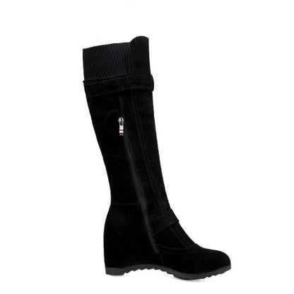 Women Buckle Wedge Heels Knee High Boots