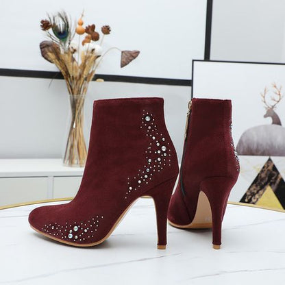 Pointed Toe Rhinestone Women High Heels Short Boots