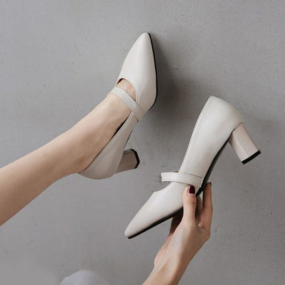 Women Pointed Toe Pearl High Heel Chunky Pumps