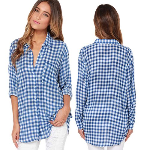 Blue Plaid Spring Slim Straight Casual Women Blouses