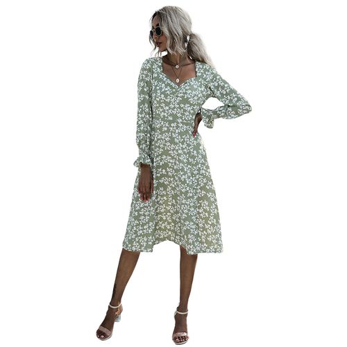 Women Floral High Waist V-neck Long A-line Dress