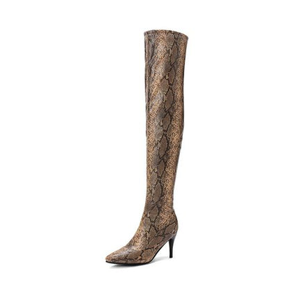 Women Pointed Toe Snake Pattern High Heel Tall Boots