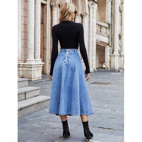 Ins Fashion Elegant All-matched Dip Hem High Waist Denim Long Women Skirts