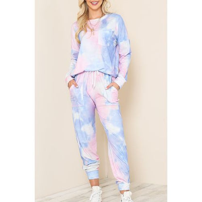 Womens Gradient Pajamas Tie-dye Long-sleeved Pullover Tops Trousers Home Two-piece Suit