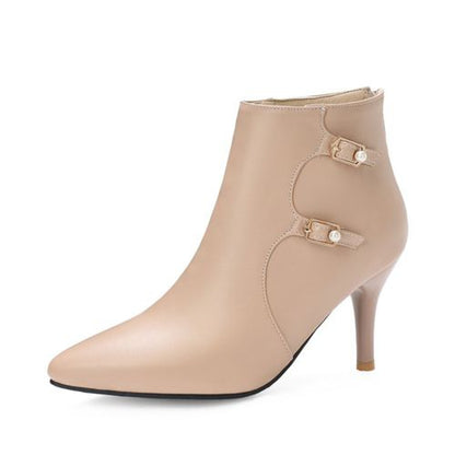 Pointed Toe Buckle Women's High Heeled Ankle Boots