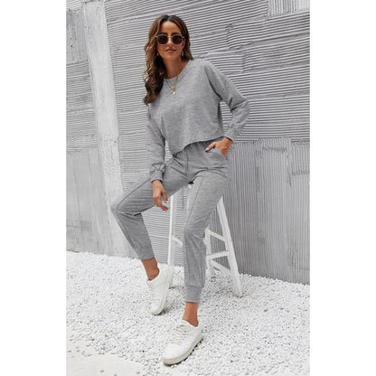 Womens Solid Color Long Sleeve Tops Pants Two Pieces Sports Suit