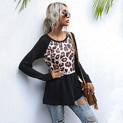 Womens Leopard Print Stitching Medium and Long T-shirt  Bottoming Shirt