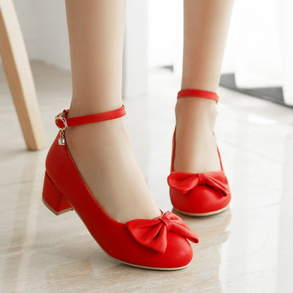 Women Pumps Ankle Straps Medium Heel Bowtie Patent Leather Shoes Woman 3535