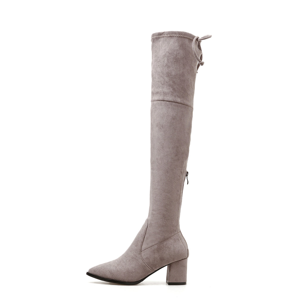 Flock High Heels Thigh High Boots Chunky Heel Pumps 1138