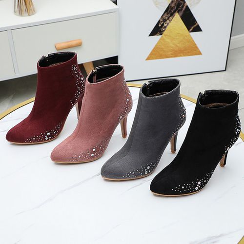 Pointed Toe Rhinestone Women High Heels Short Boots